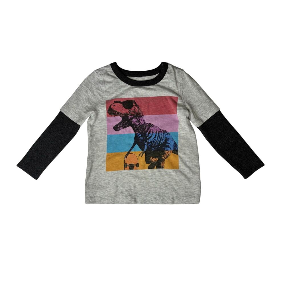 Old Navy Dinosaur Skateboard Gray Shirt 2T Whimsy Fantasy Thermal Sleeves Casual